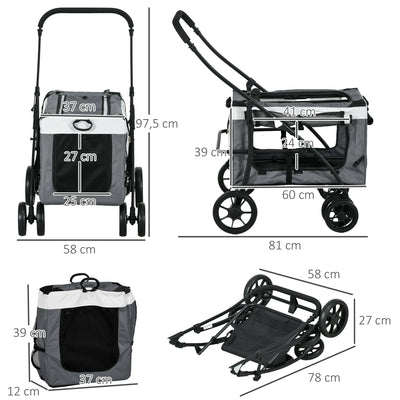 PawHut foldable stroller animals dog cat 2 1, removable nacelle 4 wheels with fabric brake 600D Oxford 81x58x