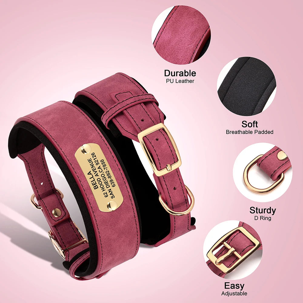 Personalized Wide Dog Collar PU Leather Customized Dogs Tag Collars Padded Pet Collar for Small Medium Large Dogs Pitbull Buldog PawPrint Treasures