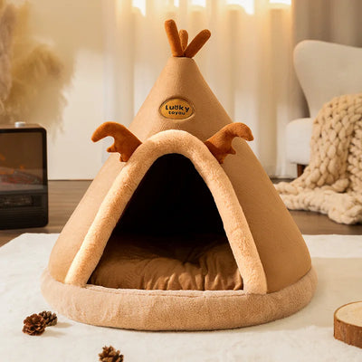 Cat House Bed Cat Nest Puppy Teepee Dog Tent with Cushion for Cats Kitten Small Dogs Puppies Pet Winter Warm Plush Enclosed Bed