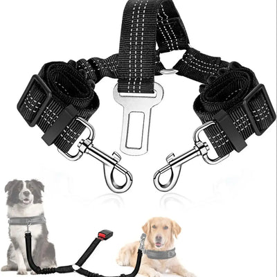 Dog Seat Belt, Double Dog Seatbelt Adjustable Vehicle Safety Leash with Elastic Bungee Buffer, Reflective No Tangle Y Shape Two