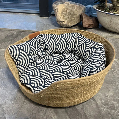 Pet Basket Mattress Rattan Grass Weaving Cat Nest Dog Kennel Straw Scratch Board Cat Bed for Puppy Kitten All Season Universal