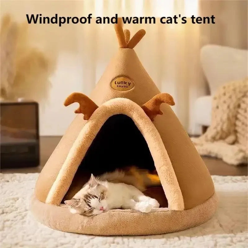 Cat House Bed Cat Nest Puppy Teepee Dog Tent with Cushion for Cats Kitten Small Dogs Puppies Pet Winter Warm Plush Enclosed Bed