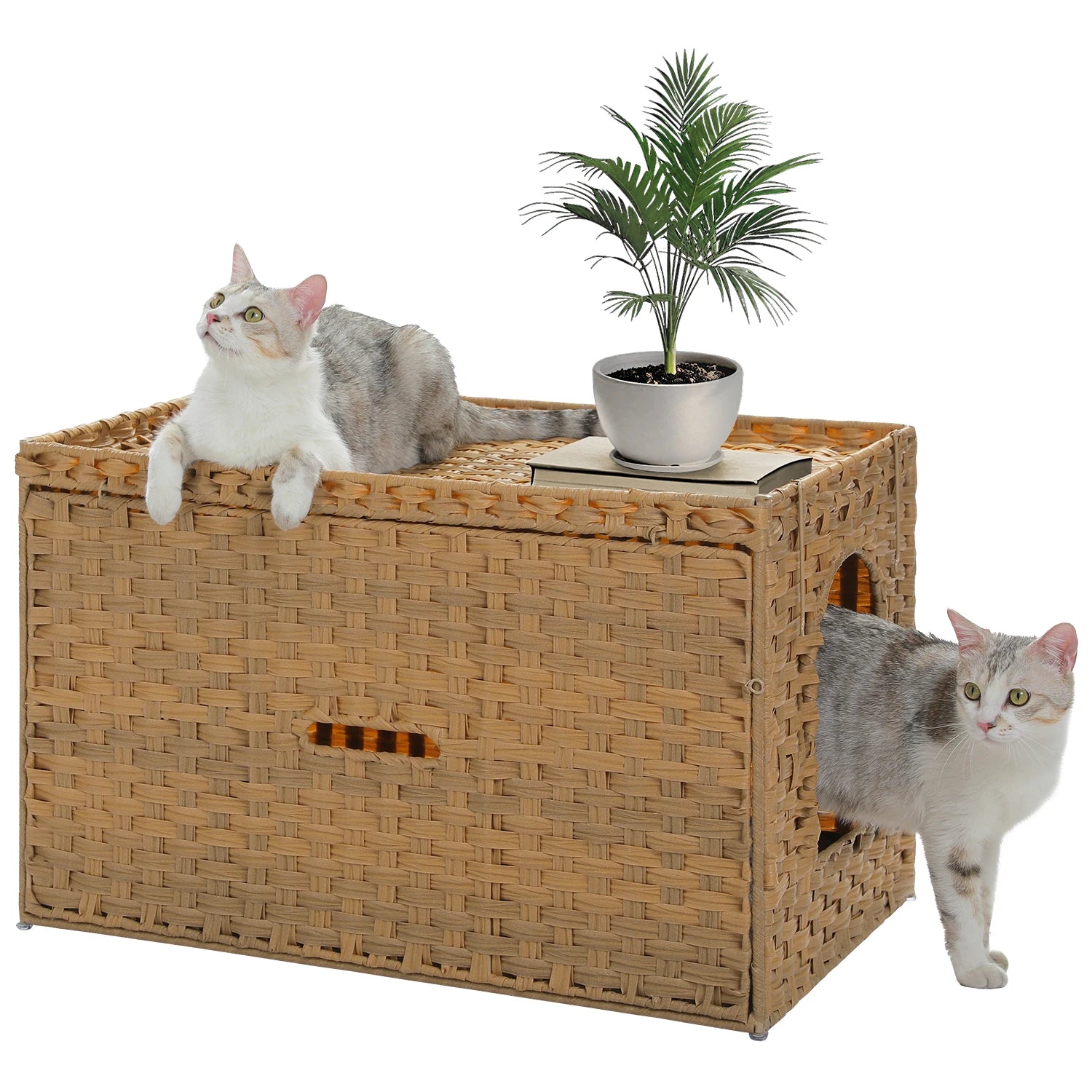 Rattan Cat Litter Box Enclosure with Taller Doorway and Flip-Up Design-More Space Raised Edge Mat-Cat House Cabinet Furniture