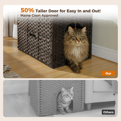 Rattan Cat Litter Box Enclosure with Taller Doorway and Flip-Up Design-More Space Raised Edge Mat-Cat House Cabinet Furniture