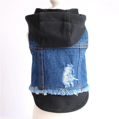 Pet Clothes Dog Jeans Jacket Layered Drawstring Hood Denim Jacket False Two Coat Clothing for Small Medium Dogs Cats Red/Black PawPrint Treasures