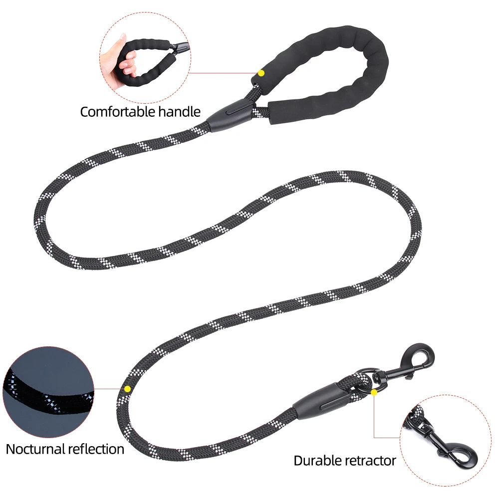 1.5m Reflective Dog Leash Nylon Anti-Pull Padded Handle Tear-Resistant Rope Medium Large Dog Leash Training Heavy-Duty Walking