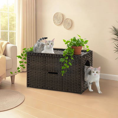 Rattan Cat Litter Box Enclosure with Taller Doorway and Flip-Up Design-More Space Raised Edge Mat-Cat House Cabinet Furniture