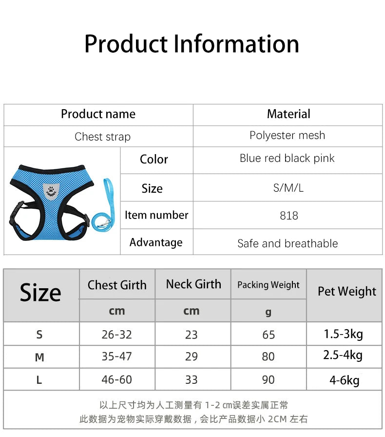 Small Dog Harness and Leash Set Summer Puppy Breathable Mesh Reflective Cat No Pull  Dog Reflective  Adjustable Pet Vest Style