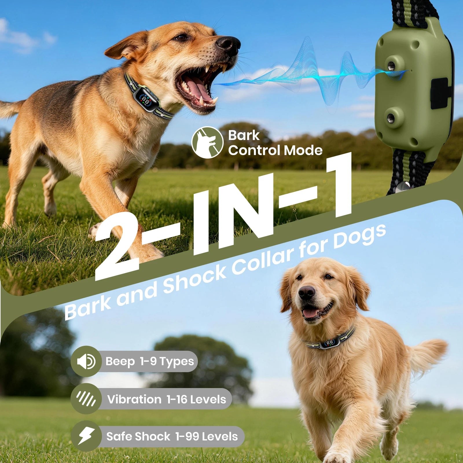 Electric Dog Training Collar 1Km Range With Remote Control Rechargeable Shock/Vibration/Sound Auto Modes Waterproof for Dog Size