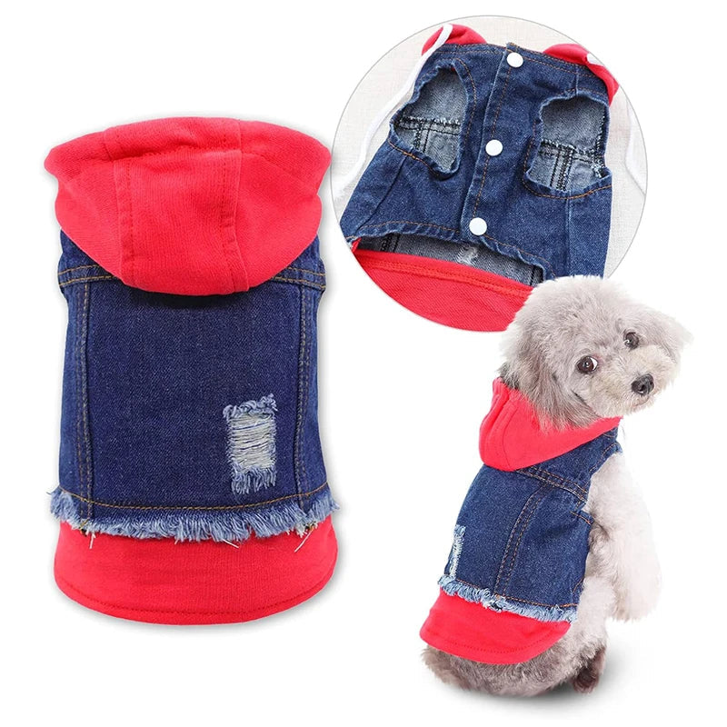 Pet Clothes Dog Jeans Jacket Layered Drawstring Hood Denim Jacket False Two Coat Clothing for Small Medium Dogs Cats Red/Black PawPrint Treasures