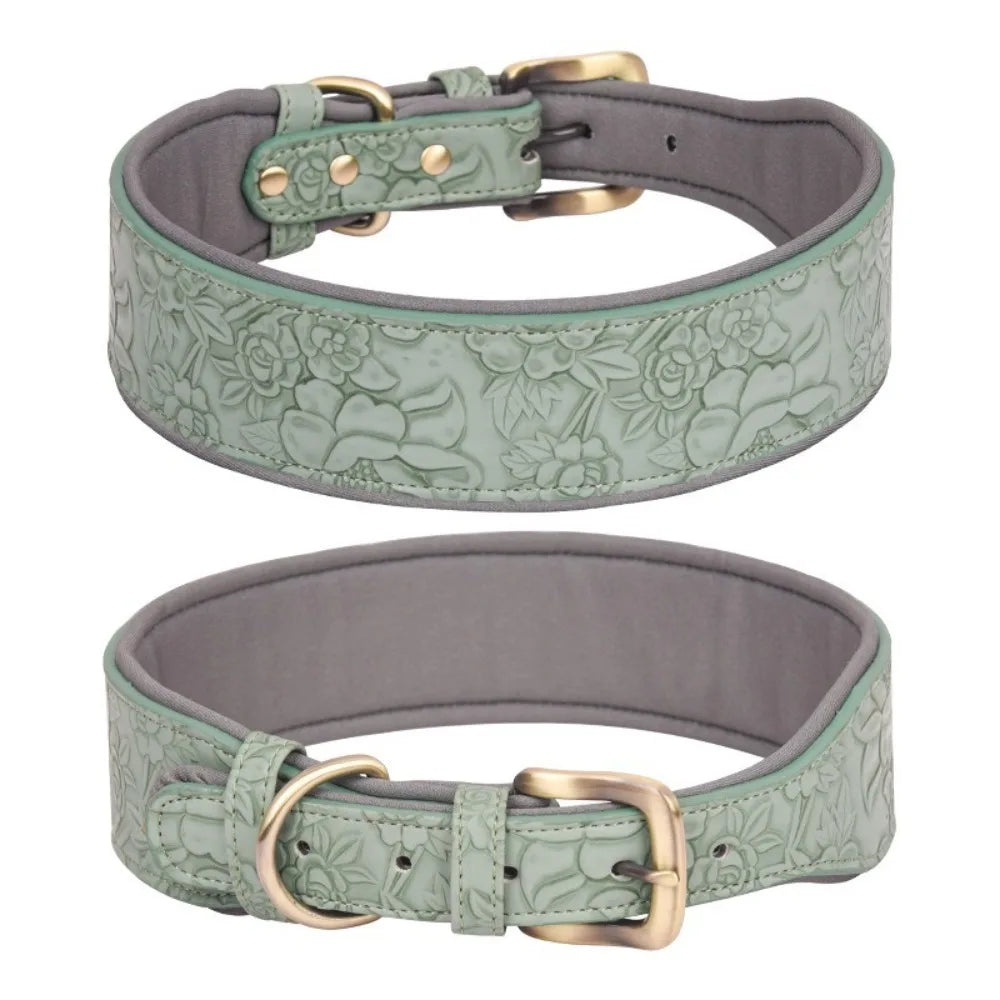 Wide Padded Embossing Leather Dog Collar NoPull Comfortable Puppy Collar Outdoor Pet Accessories