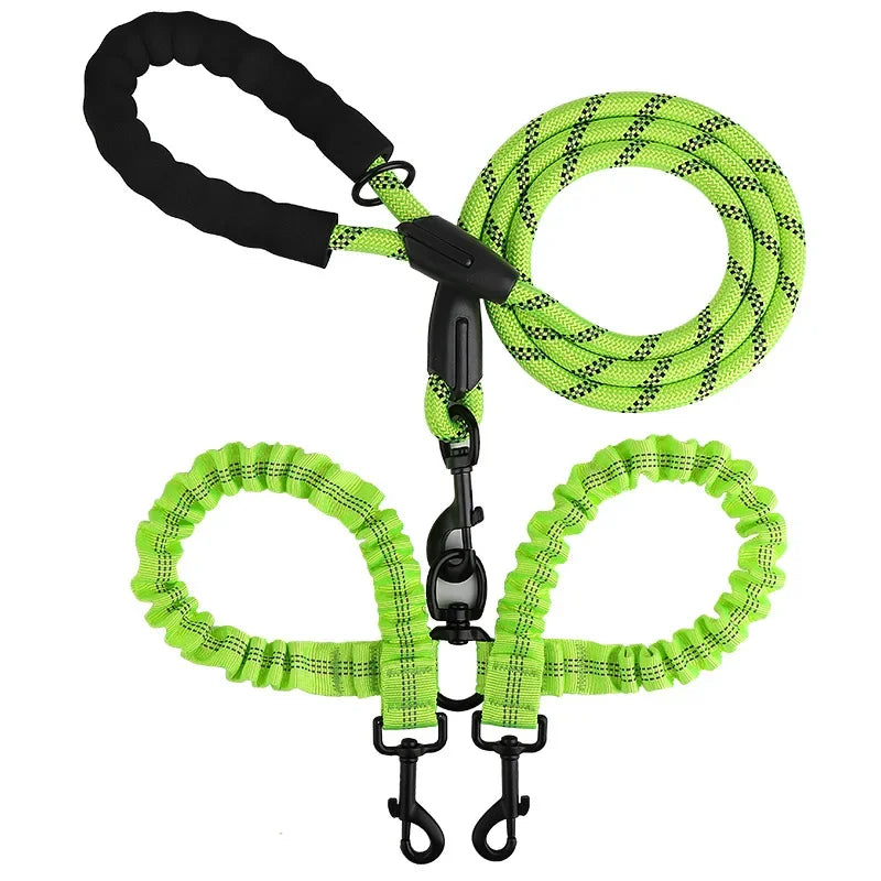 New Double Head Pet Towing Rope One Drag Two Night Reflection Anti Winding Elastic Nylon Walking Dog Rope Supplies Accessories